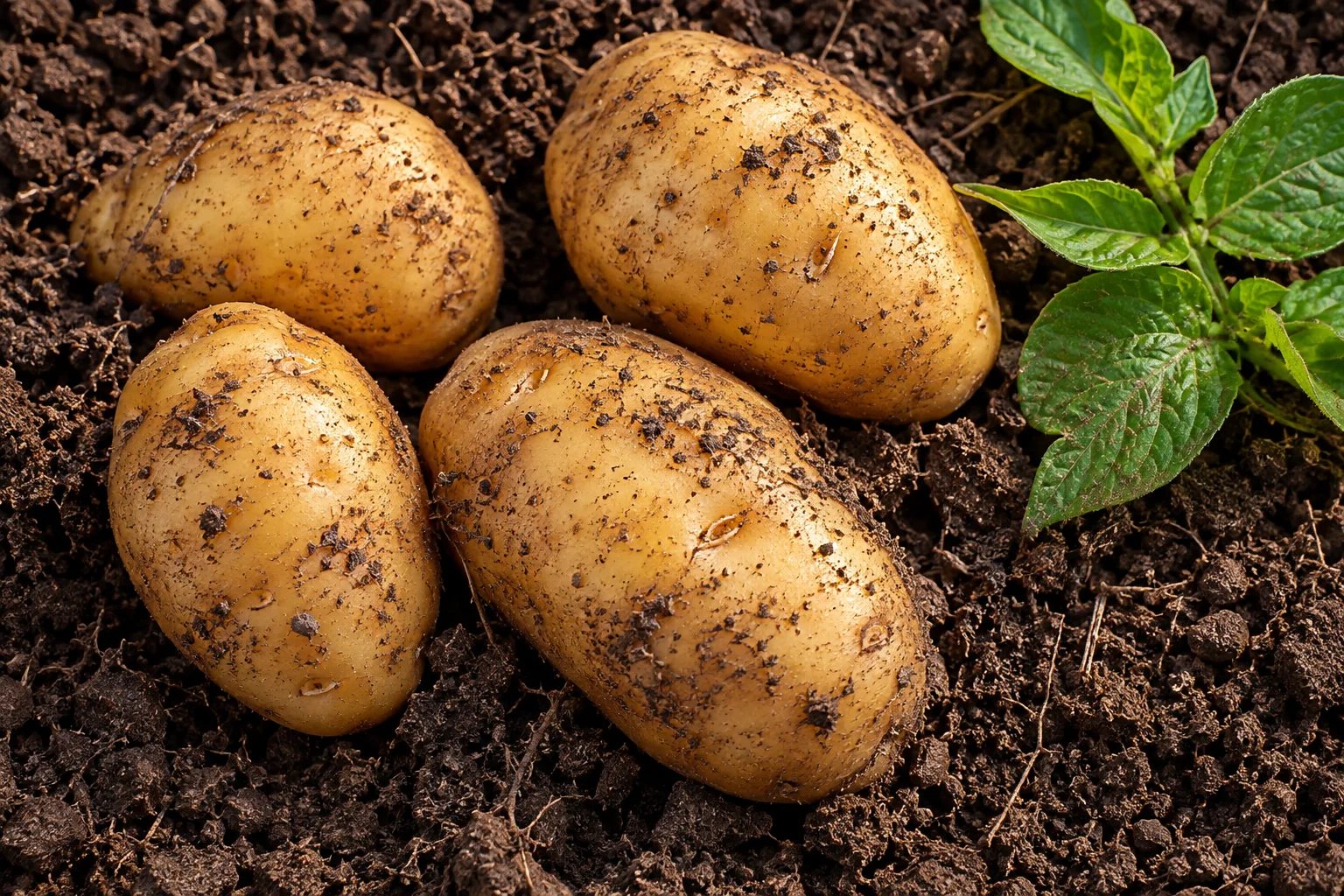 Illustrative close-up of golden potatoes on dark earth